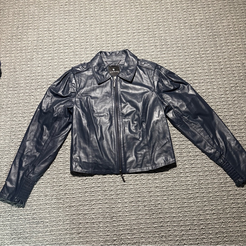 LE LIS BLANC Navy Blue Leather Jacket Size 38- US XS/SM